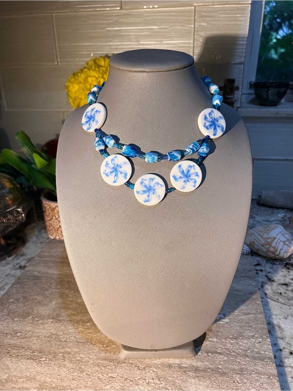 Unique! Blue and White Floral Necklace w matching earrings- Women Jewelry
